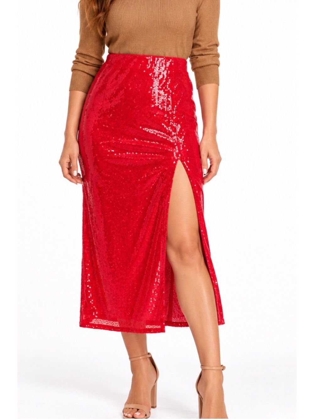 A New Day Red Sequin Midi Skirt- XL